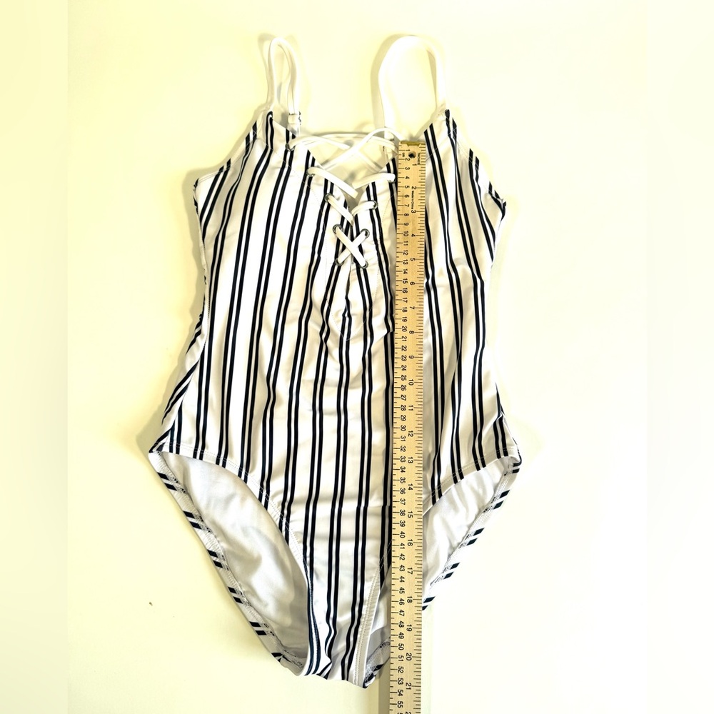 Nautica White with Navy Stripes Mio Laced Front One Piece Swimsuit - Picture 14 of 14